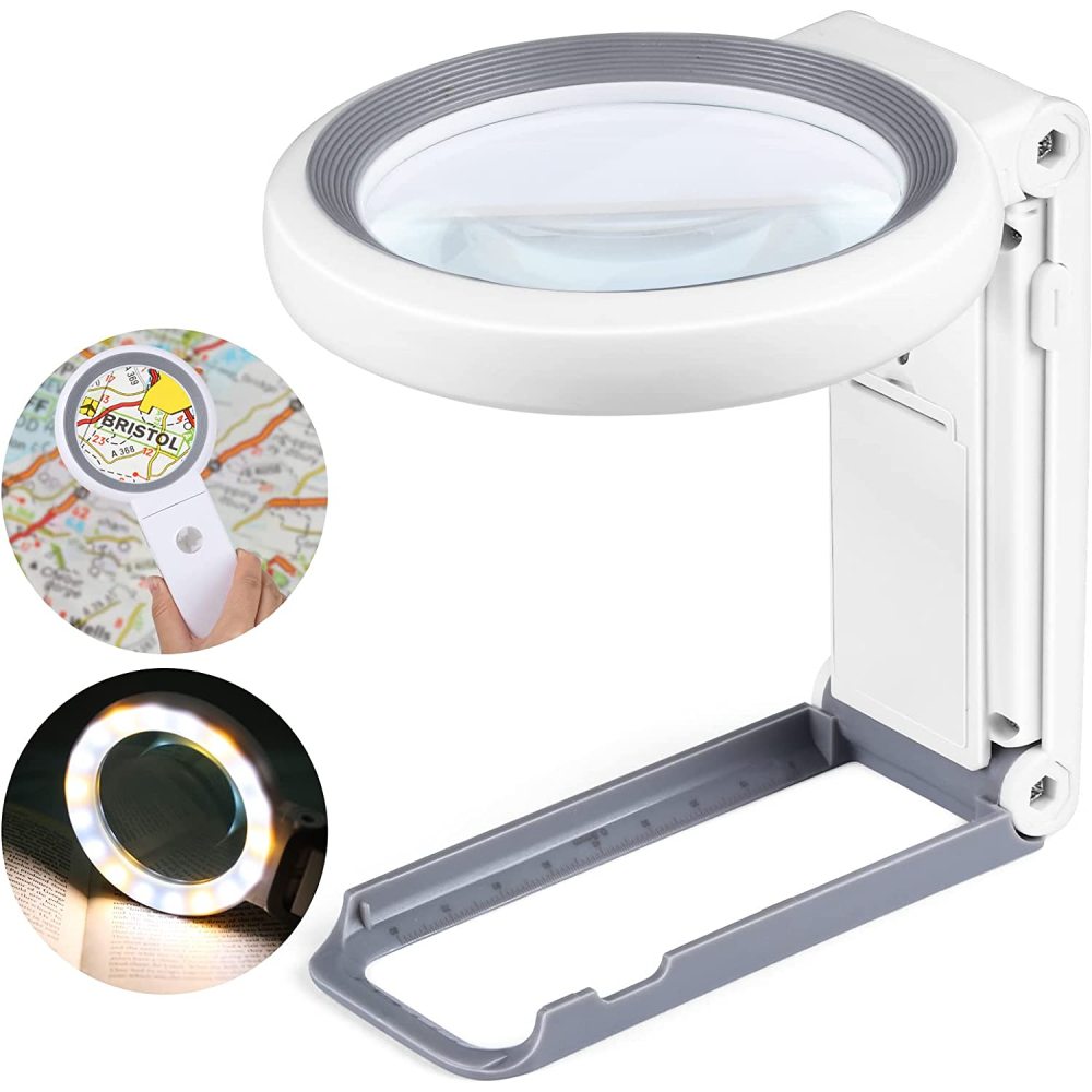 Magnifying Glass with Light and Stand, Folding Design 18 LED Illuminated Magnifying  Glass for Close Work, Large Magnifying Glasses for Reading 